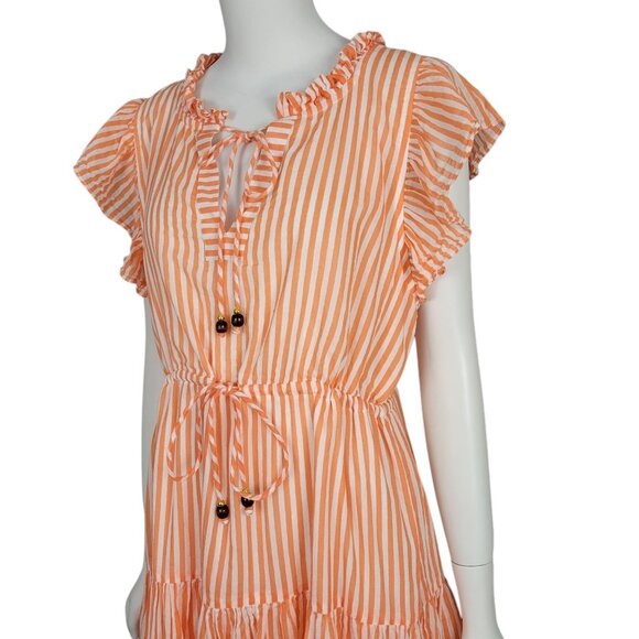OLIPHANT Maxi Dress Size L Orange Striped Tiered Ruffle Short Sleeve A-Line - Picture 3 of 13